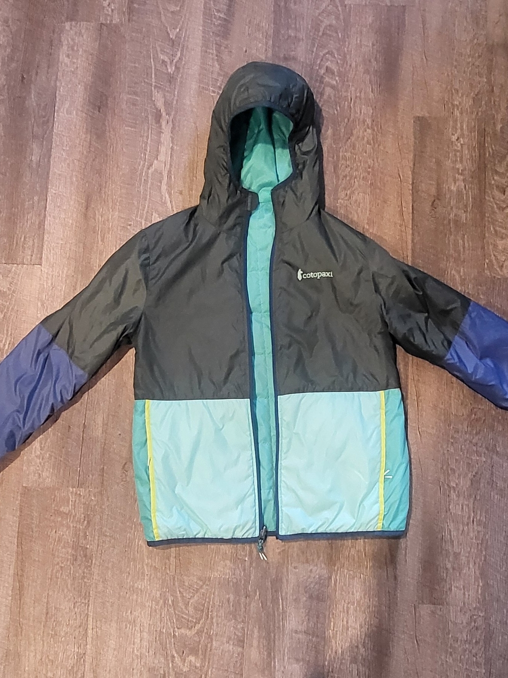Cotopaxi Olive Green & Teal Colorblock Hooded Puffer Jacket- Reversible